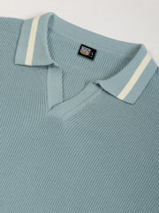 Aqua Blue Mistline Flat-Knit Half-Sleeve Polo T-Shirt