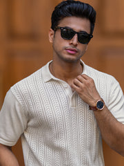 Arrow Knit Off White Half Sleeve Polo T-Shirt