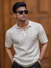 Arrow Knit Off White Half Sleeve Polo T-Shirt