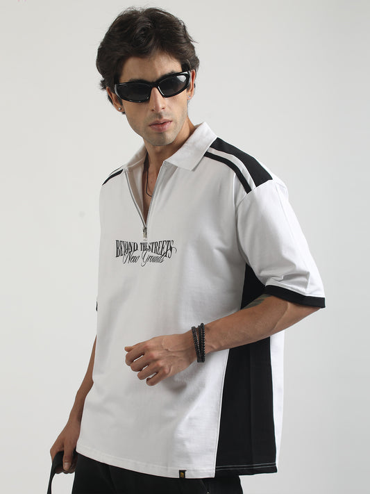 Printed White, Black Half Sleeve Polo T-Shirt