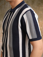 Aero Vertical Stripe Navy Half Sleeve Shirt