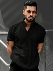 Ribbed FlatKnit Black Half Sleeve Shirt