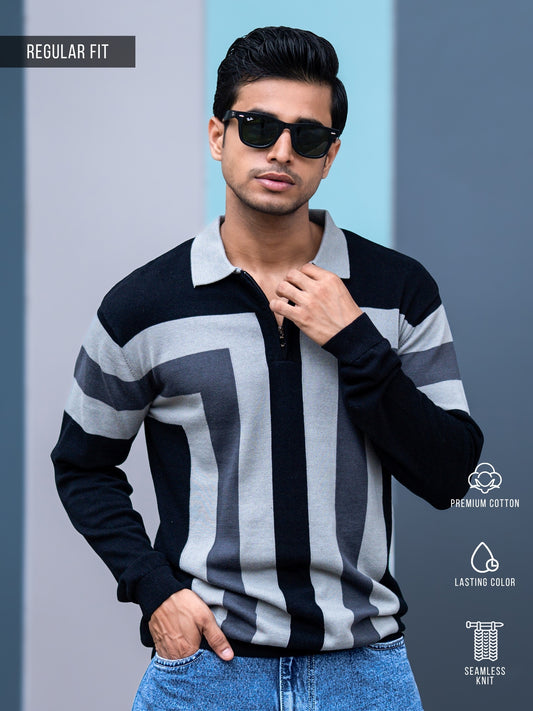 L Block Black Full Sleeve Polo T-Shirt