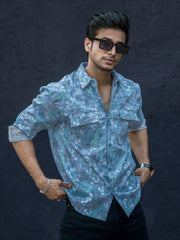 Double Pocket Leaf Printed Blue Half Sleeve Shirt