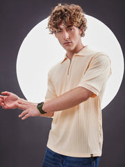 DropKnit Cream Polo Zipper Half Sleeve T-Shirt