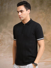 Drop Needle Black Flatknit Half Sleeve Polo T-Shirt