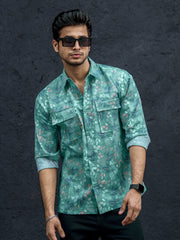 Floral Double Pocket Green Full Sleeve Shirt