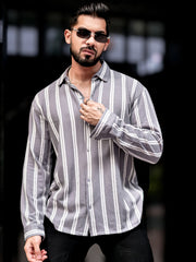 Terry Vertical Stripes Grey Full Sleeve Shirt