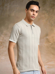 Drop Needle Beige Flatknit Half Sleeve Polo T-Shirt