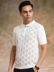 Diamond Knit White Slim Half Sleeve Polo T-Shirt
