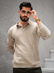 Checked Knit Beige Full Sleeve Polo T-Shirt