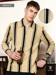 Cord Stripe Beige Full Sleeve Polo T-Shirt
