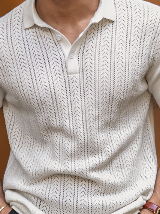 Arrow Knit Off White Half Sleeve Polo T-Shirt