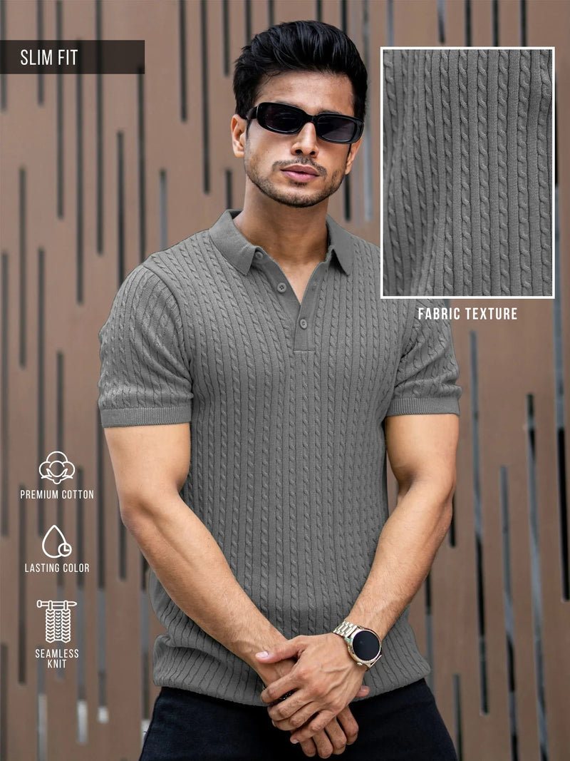 Grey Knit Half Sleeve Polo T-Shirt