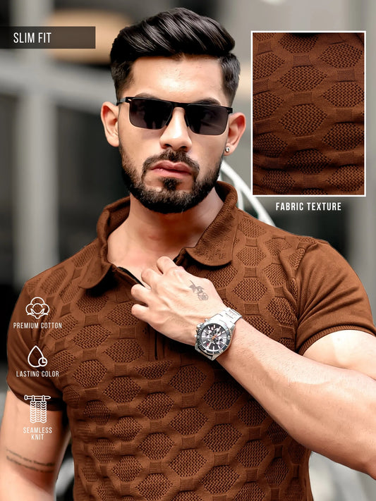 Diamond Knit Brown Slim Half Sleeve Polo T-Shirt