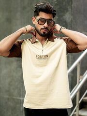 Boston Half Zipper Beige Polo Half Sleeve T-Shirt