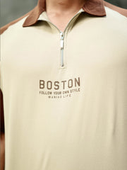 Boston Half Zipper Beige Polo Half Sleeve T-Shirt