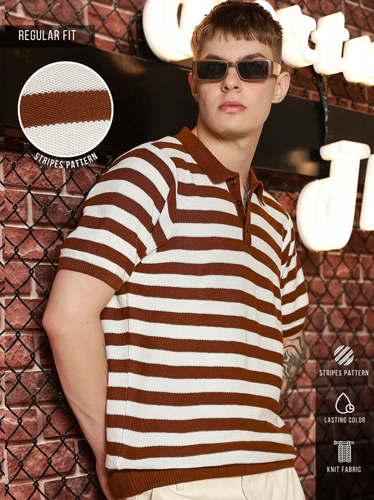 Retro Stripe Brown FlatKnit Half Sleeve Polo T-Shirt