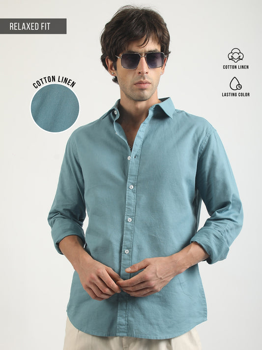 Cotton Linen Teal Blue Full Sleeve Shirt