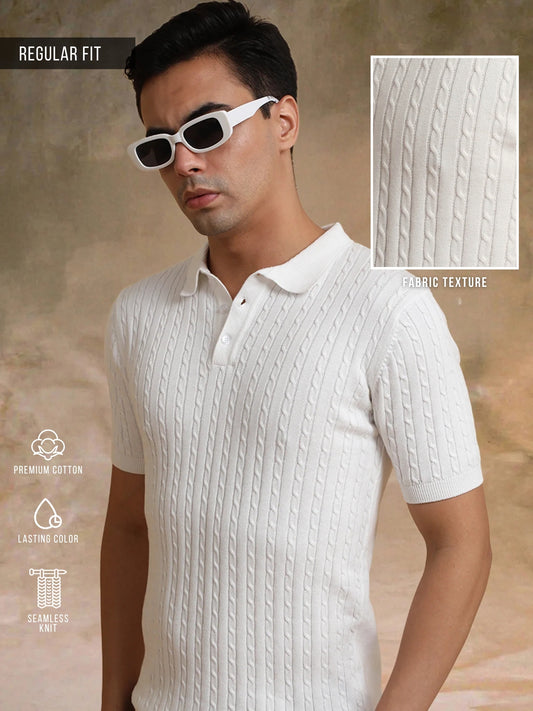 Ribbed Knit White Polo Half Sleeve T-Shirt