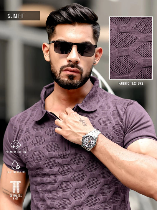 Diamond Knit Lavender Slim Half Sleeve Polo T-Shirt