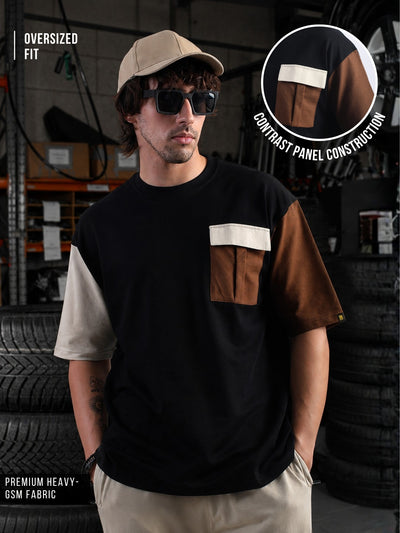 Contrast Pocket Black, Cream and Brown Half Sleeve T-Shirt