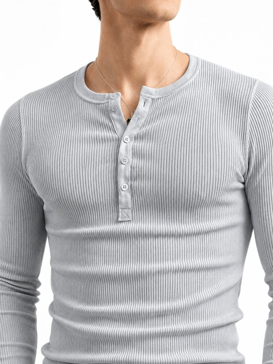 Light Grey Ribbed Henley Neck Full Sleeve T-Shirt