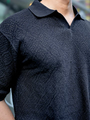 Croshia Knit Black Half Sleeve Polo T-Shirt