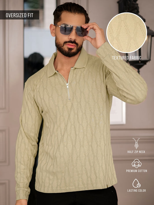 Angular Knit Beige Full Sleeve Polo T-Shirt