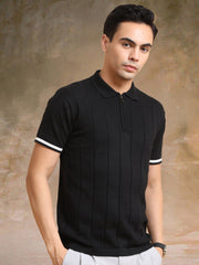 Drop Needle Black Flatknit Half Sleeve Polo T-Shirt