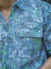 Double Pocket Leaf Printed Blue Half Sleeve Shirt