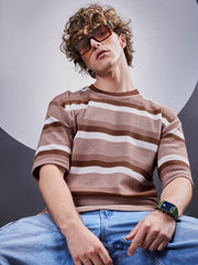 Roman Stripe Brown Half Sleeve Tshirt