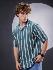 Terry Vertical Stripes Green Half Sleeve Shirt