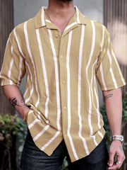 Popcorn Knit Vertical Stripe Beige Half Sleeve Shirt