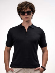 Luxe Knit Black Half Sleeve Polo Tshirt