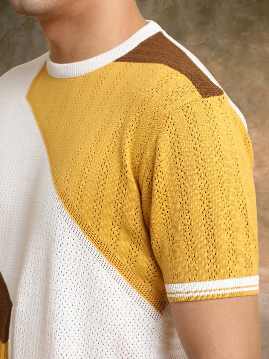 Sheernet FlatKnit Cotton Mustard Half Sleeve T-Shirt