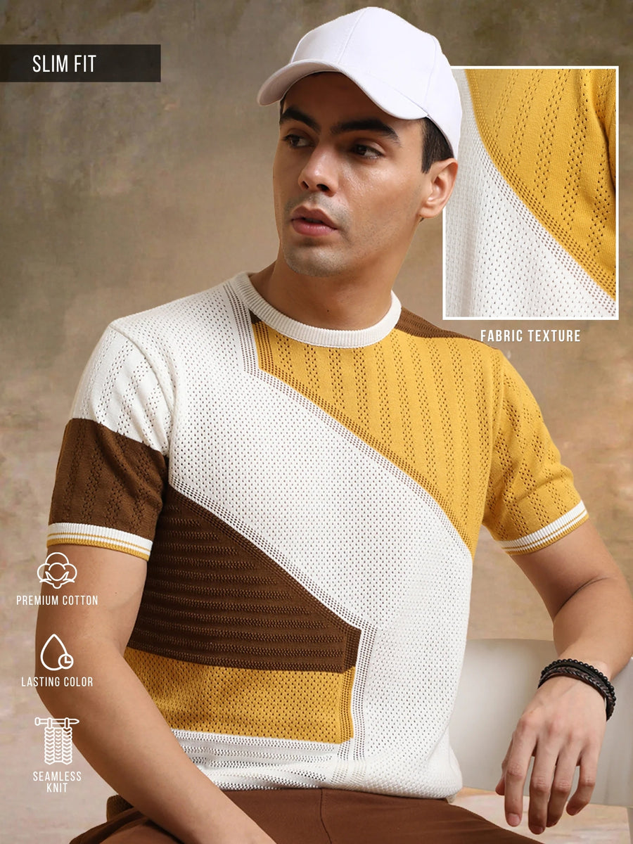 Sheernet FlatKnit Cotton Mustard Half Sleeve T-Shirt