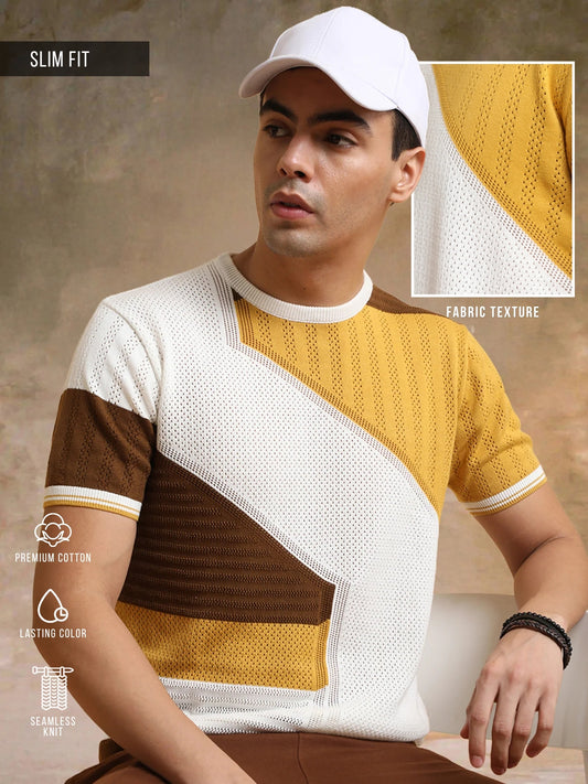 Sheernet FlatKnit Cotton Mustard Half Sleeve T-Shirt