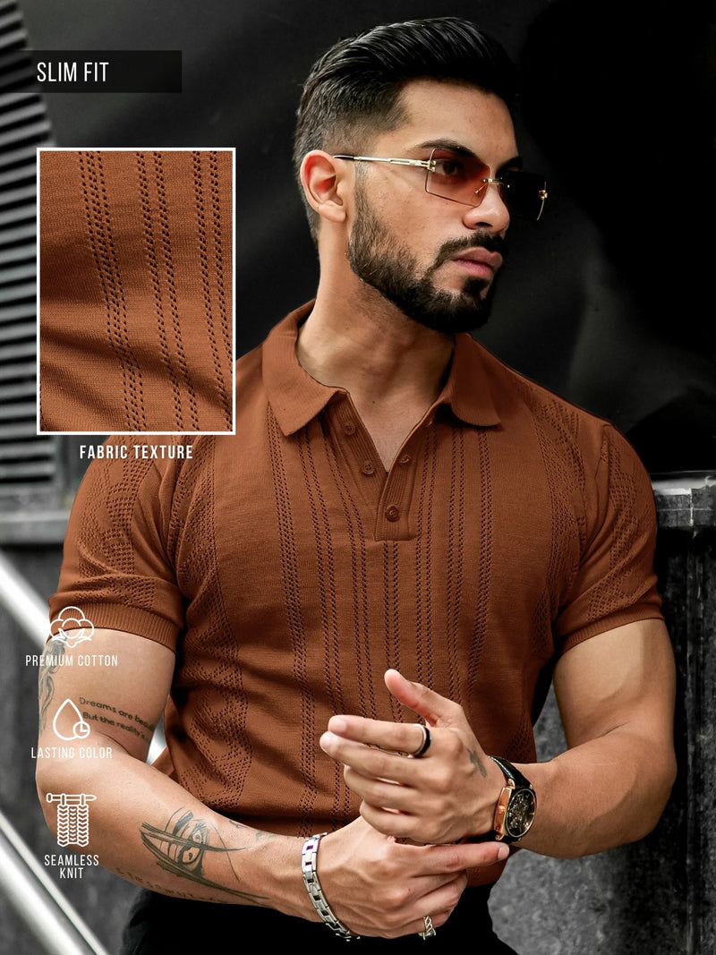 Flat Knit Brown Slim Half Sleeve Polo T-Shirt