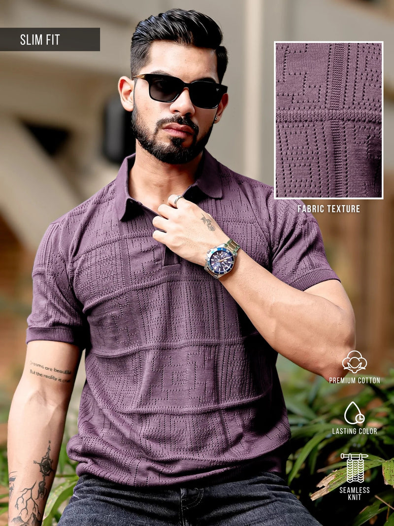 Lavender Pointelle Knit Polo T-Shirt for Men