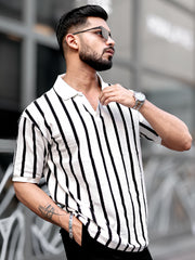 Popcorn Knit White Polo Half Sleeve T-Shirt