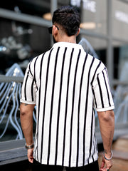 Popcorn Knit White Polo Half Sleeve T-Shirt