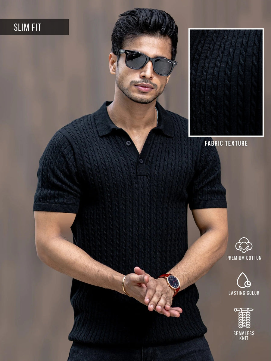 Black half sleeve ribbed knit polo t-shirt for men
