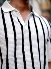 Popcorn Knit White Polo Half Sleeve T-Shirt