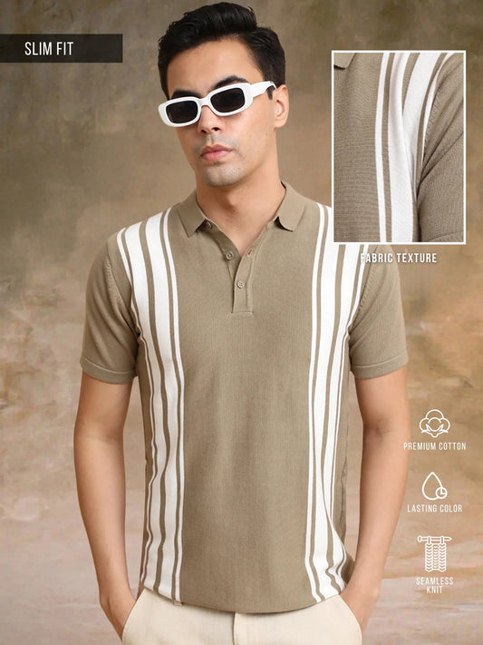 Vertical Stripe Green Flatknit Half Sleeve Polo T-Shirt