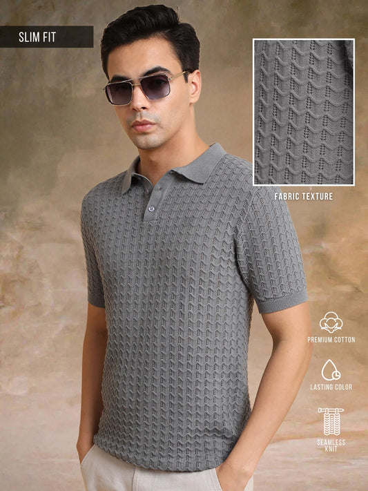 Cable Flatknit Dark Grey Half Sleeve Polo T-Shirt