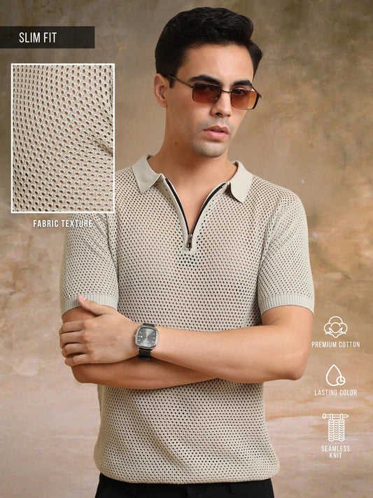 Resort Beige Flatknit Half Sleeve Polo T-Shirt