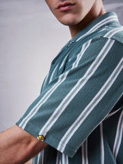 Terry Vertical Stripes Green Half Sleeve Shirt