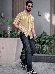 Popcorn Knit Vertical Stripe Beige Half Sleeve Shirt