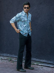 Double Pocket Leaf Printed Blue Half Sleeve Shirt